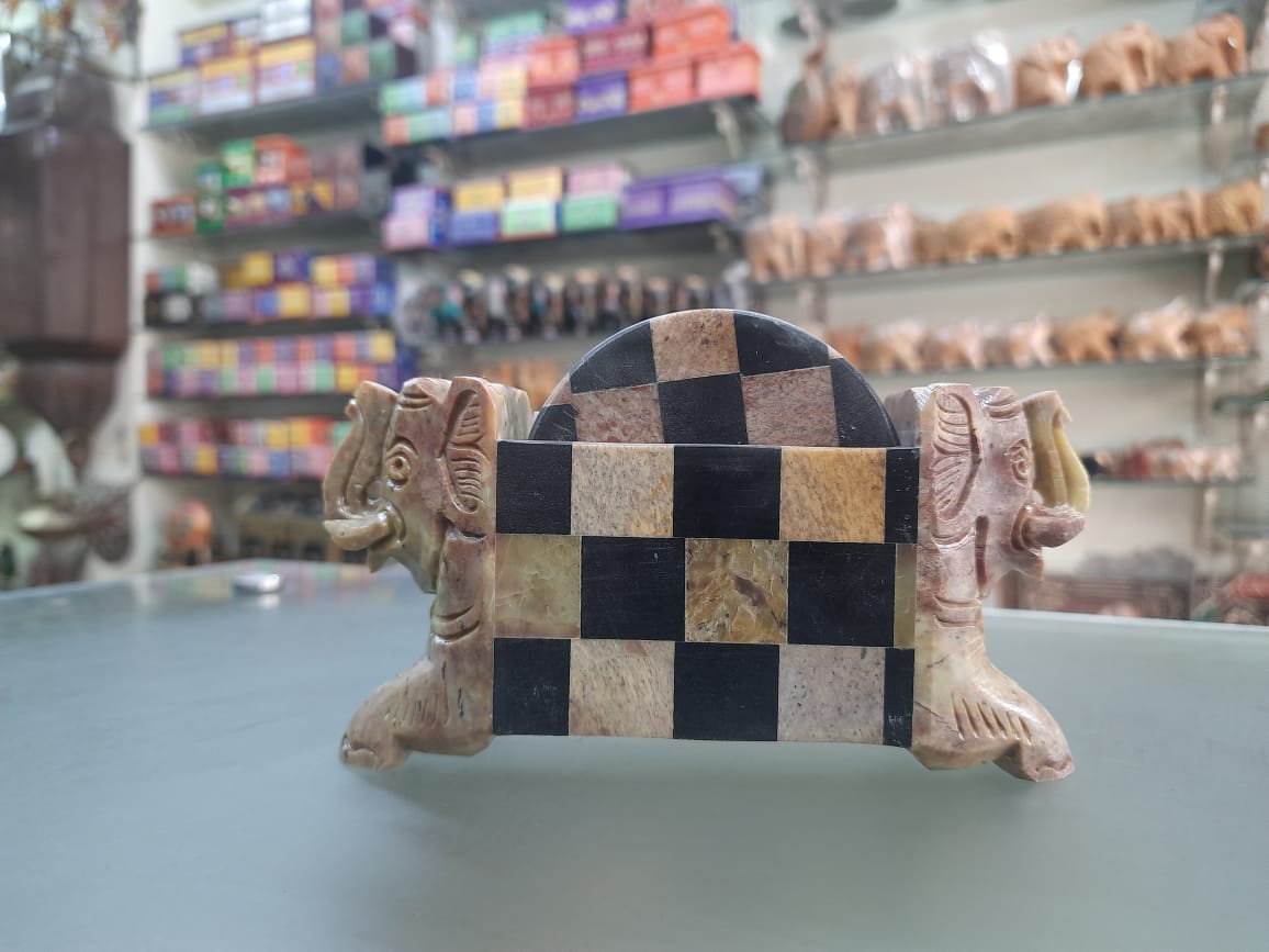 Finely Hand Check Design Crafted Marble Made 2 Sided Elephant Figure Coaster Set